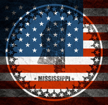 Image Relative To USA Travel. Mississippi State Map Textured By Lines And Dots Pattern. Stamp In The Shape Of A Circle. Flag Of The USA