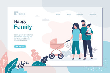 Happy family landing page template. Parents with daughter and baby stroller. Childhood concept web banner