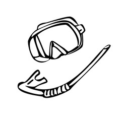 Mask and snorkel for swimming. Black and white vector illustration. Isolated on a white background.