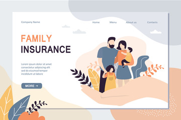 Family Insurance and healthcare landing page template. Big hand holding tiny people with children.
