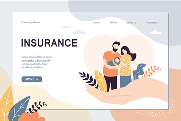 Insurance and healthcare landing page template. Big hands covering tiny people with newborn baby.