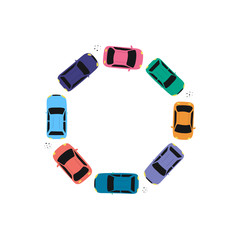 Round frame with cars driving and copy space inside. Top view on automobiles. Flat vector frame for web design or print