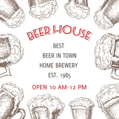 Beer background vector. pub banner, flyer template in vintage engraved style. frame with various beer glasses with foam. square beer label with text place on white for bar, restaurant poster design.