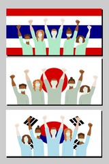 People raising hands And wearing a mask. The background consists of the Thailand flag, the Japan flag, the Korea flag, the medical team is fighting against Corona virus.