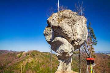 A distinctive rock formation with the local name Strateny Budzogan, located in The Rajec Valley in the north of Slovakia, Europe.