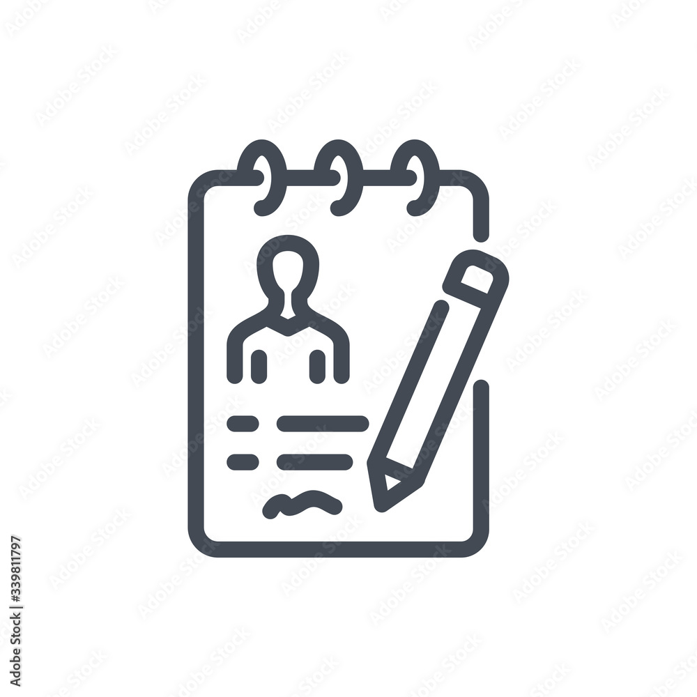 Poster signing a contract line icon. writing to notebook vector outline sign.