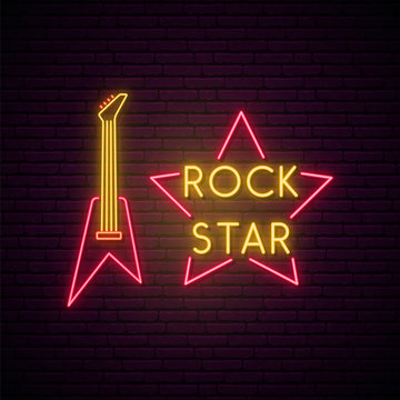 Rock Music Neon Sign. Bright Light Guitare And Star Emblem For Rock Pub, Cafe, Karaoke.Vector Neon Signboard. Rockstar Glowing Icon.