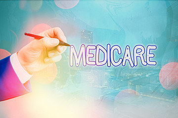 Conceptual hand writing showing Medicare. Concept meaning the federal government plan in US for...