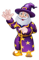 A wizard merlin magician Halloween cartoon character pointing
