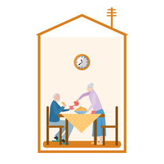 An elderly couple is drinking tea at a table, the silhouette of a house. Concept: spending time at home on self-isolation and quarantine, elderly people. Vector illustration