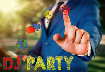 Text sign showing Dj Party. Business photo text demonstrating who introduces and plays recorded...