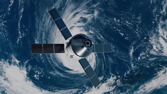 3d animation of a space station in space, with solar panels, with earth in the background