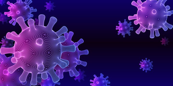 Coronavirus COVID-19 medical background with technology styled schematic grid viruses floating in blue and purple scientific abstraction