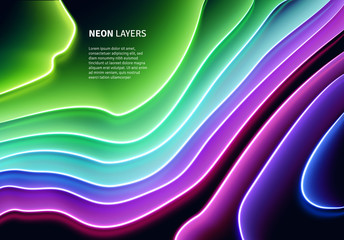 Neon glass layers stacked with reflections for 80s or 90s styled abstract background in synthwave, retrowave or cyberpunk shiny neon style