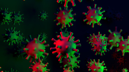 Coronavirus COVID-19 3D illustration with red and green contagious virus cells on abstract dark scientific background for news header. 3D illustration