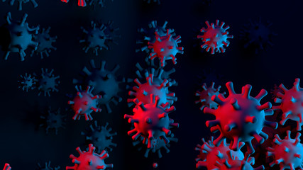 Coronavirus COVID-19 3D illustration with red and blue contagious virus cells on abstract dark scientific background for news header. 3D illustration