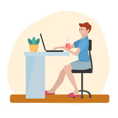 A man works on a laptop at home. Remote work and study, vector illustration