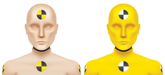 Crash test dummy, vector illustration. Set of skin and yellow colour, car safety testing manikins, looking at camera, isolated on a white background.