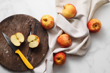 Group of red apple on white marble table, Apples flat lay in modern background