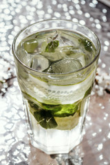Cucumber mojito with mint and ice. Detox smoothie, summer cold drink.