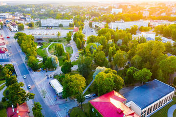 Aerial view of the central park in the city of Grodno during sunset