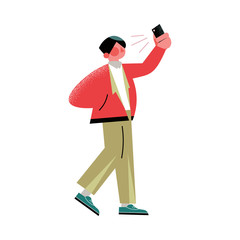 Hand drawn young stylish man walking and making selfie vector illustration