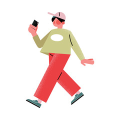 Young boy in cap walking and making selfie on smartphone vector illustration