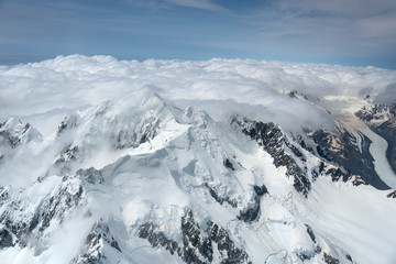 Fototapeta na wymiar snow on mt.Cook range summit with Tasman glacier in background, New Zealand
