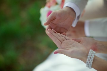 The hands of the bride and groom hold red ladybug. Signs of destiny. Copy space