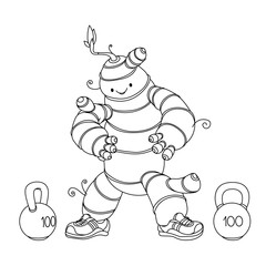 cute strong turmeric root with kettlebells, funny character, cooking spice, healthy food concept, vector illustration with black contour lines isolated on white background in cartoon, hand drawn style