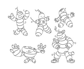 set of cute turmeric & ginger root, culinary spice for cooking, funny character, comic monster, vector illustration with black contour lines isolated on white background in cartoon & hand drawn style