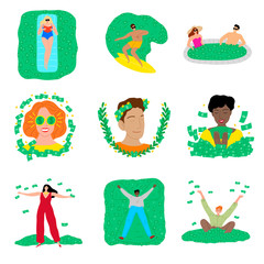 Set of people living luxury life full of money vector illustration
