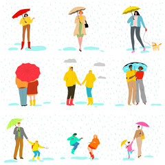 Set of people with umbrellas feeling happy during rain vector illustration