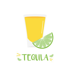 Tequila shot with slice of lime vector cartoon style icon, illustration.