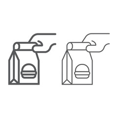 Hands holds a paper bag line and color icon, service and delivery, safe delivery food sign, vector graphics, a linear icon on a white background, eps 10.