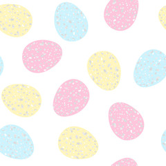 Happy Easter seamless pattern of colorfull quail eggs with different ornaments isolated on white. Hand drawn holiday clipart. Vector background for fabric, textile, gift wrapping.