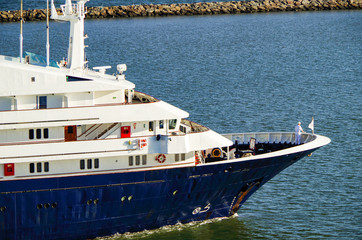Small expedition vessel or research cruiseship or cruise ship liner MV Corinthian arrival into port...