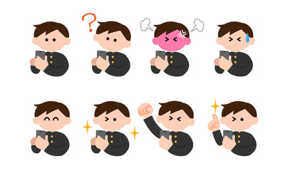 スマートフォンを操作する学ラン男子（デフォルメカラー）