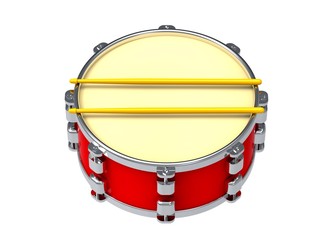 Red drum and two drum sticks. Percussion musical instrument. 3D illustration.