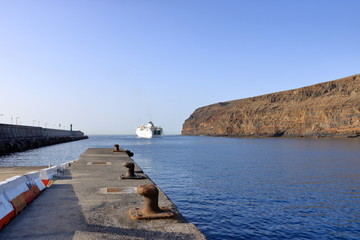 January 31 2020 - Harbor in San Sebastian, La Gomera, Canary Islands, Spain: The Ferry ship Armas in the port docking to the harbour