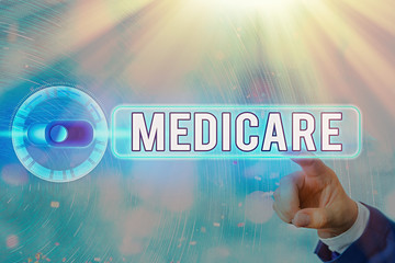 Conceptual hand writing showing Medicare. Concept meaning the federal government plan in US for...