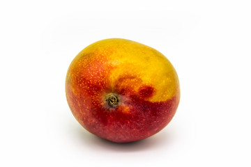 Mango fruit isolated on white background. One ripe mango fruit isolated. Healthy one whole fresh big ripe red mango fruit for the diet meal
