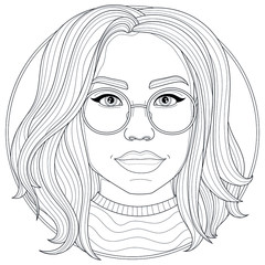 Girl with glasses and long hair. Coloring book for adults. Illustration isolated on white background.Zen-tangle and doodle style. Black and white drawing