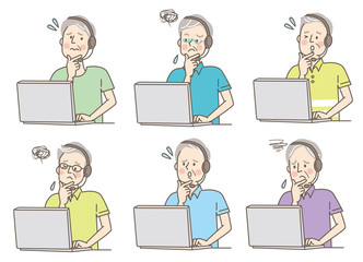 パソコン　ヘッドホン　悩む　シニア男性　私服　セット