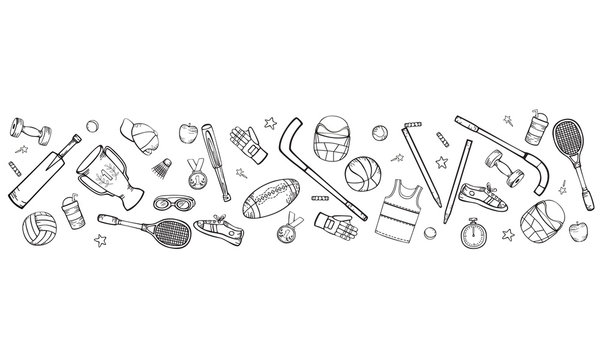 Sports equipment and accessories. Vector hand-drawing in cartoon style  isolated on a white background. Horizontal black and white illustration.
