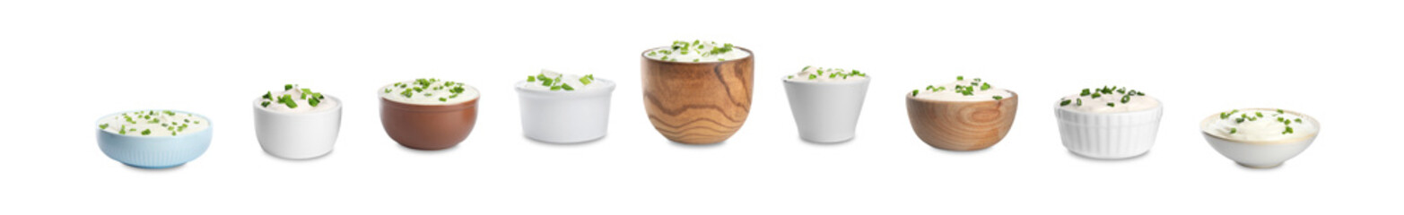 Set of delicious sour cream with onion in bowls on white background. Banner design