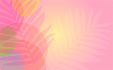Banner with pink tropical leaves on the gradient yellow-pink background. Copyspace. Wallpaper with palm leaves