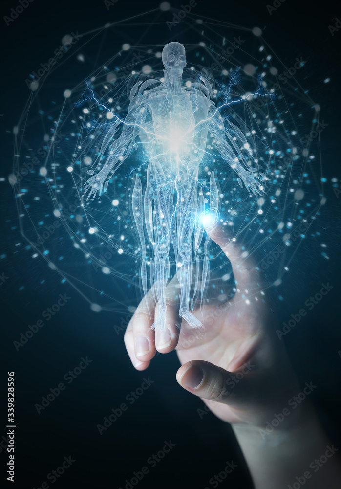 Leinwandbilder Man hand using digital x-ray human body holographic scan projection 3D rendering