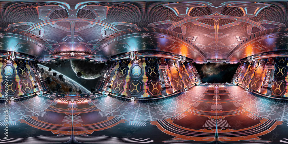 Poster High resolution HDRI panoramic view of a spaceship interior. 360 panorama reflection mapping of a futuristic spacecraft room 3D rendering
