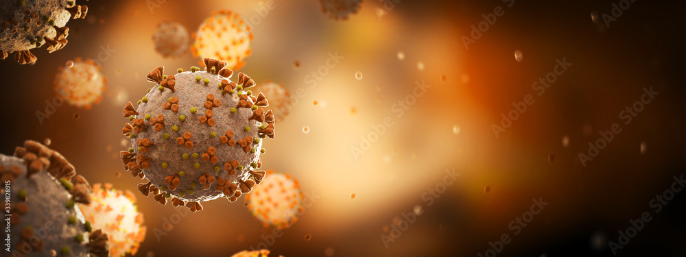 Poster microscopic close-up of the covid-19 disease. coronavirus illness spreading in body cell. 2019-ncov 